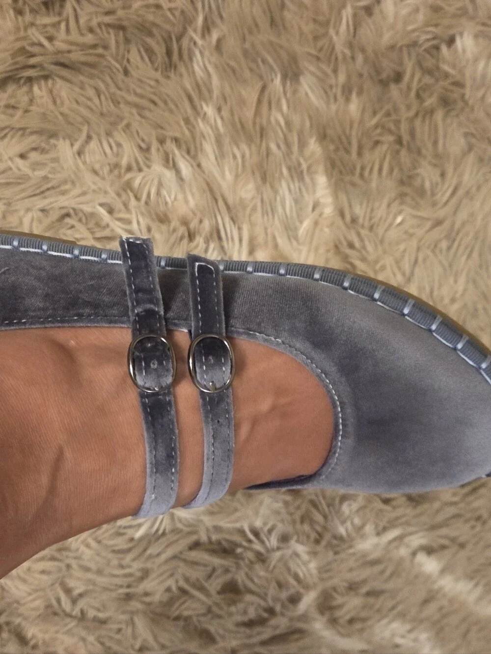 Women's Gray Velvet Double-Strap Mary Jane Flats